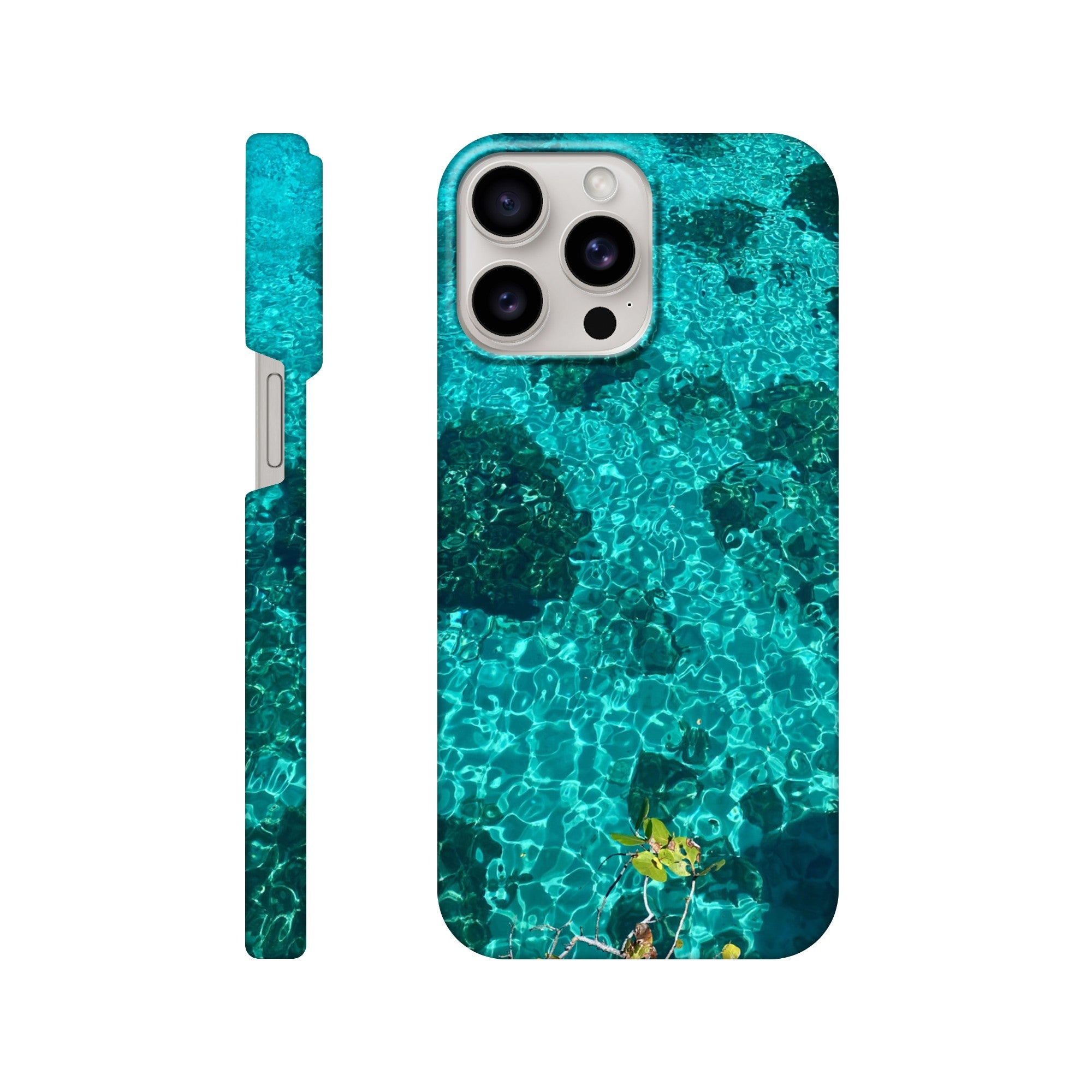 Blue slim iPhone 16 Pro Max cover with beach-inspired artistic print, durable and trendy case, perfect gift for her.