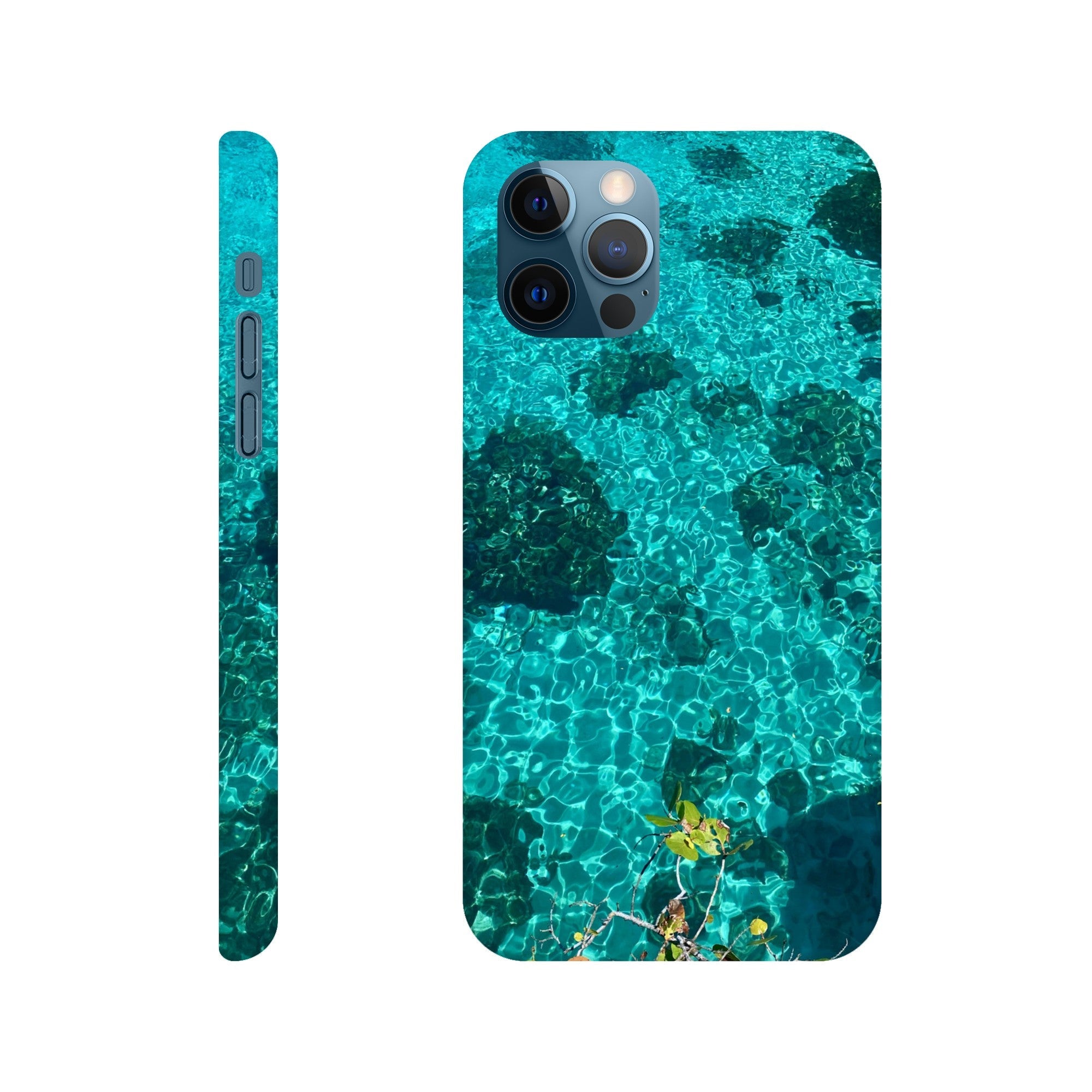 Blue slim iPhone 16 Pro Max case with artistic beach print, durable and trendy, perfect gift for her.