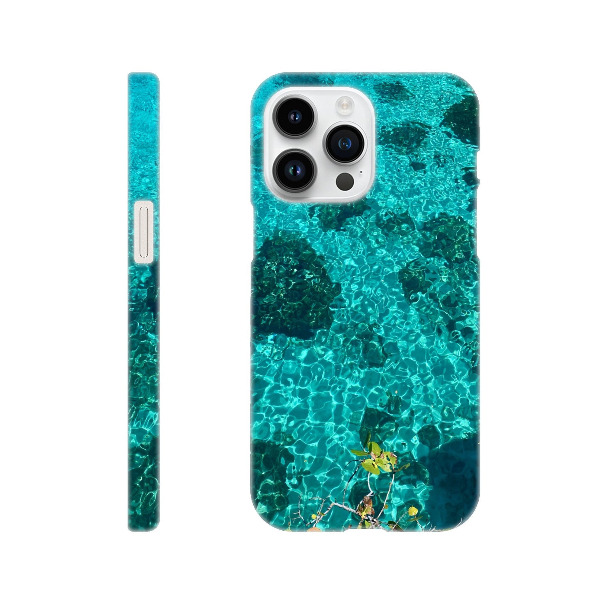 Blue slim iPhone 16 Pro Max cover with artistic beach print, durable and trendy phone case for her.
