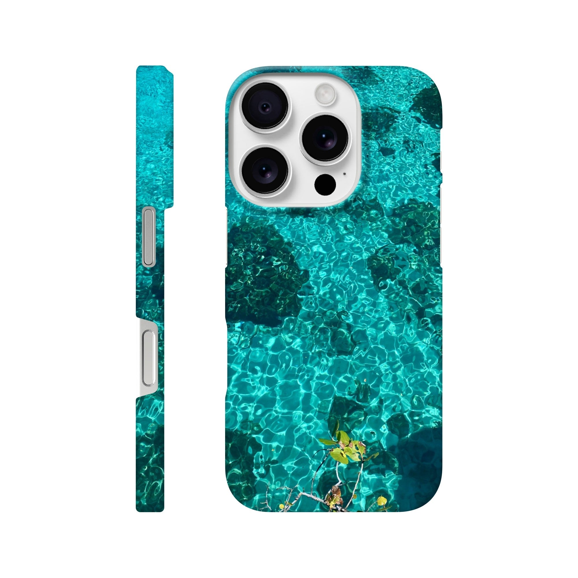 Blue slim iPhone cover with artistic beach print, durable design, perfect trendy gift for her, for iPhone 16 Pro Max.