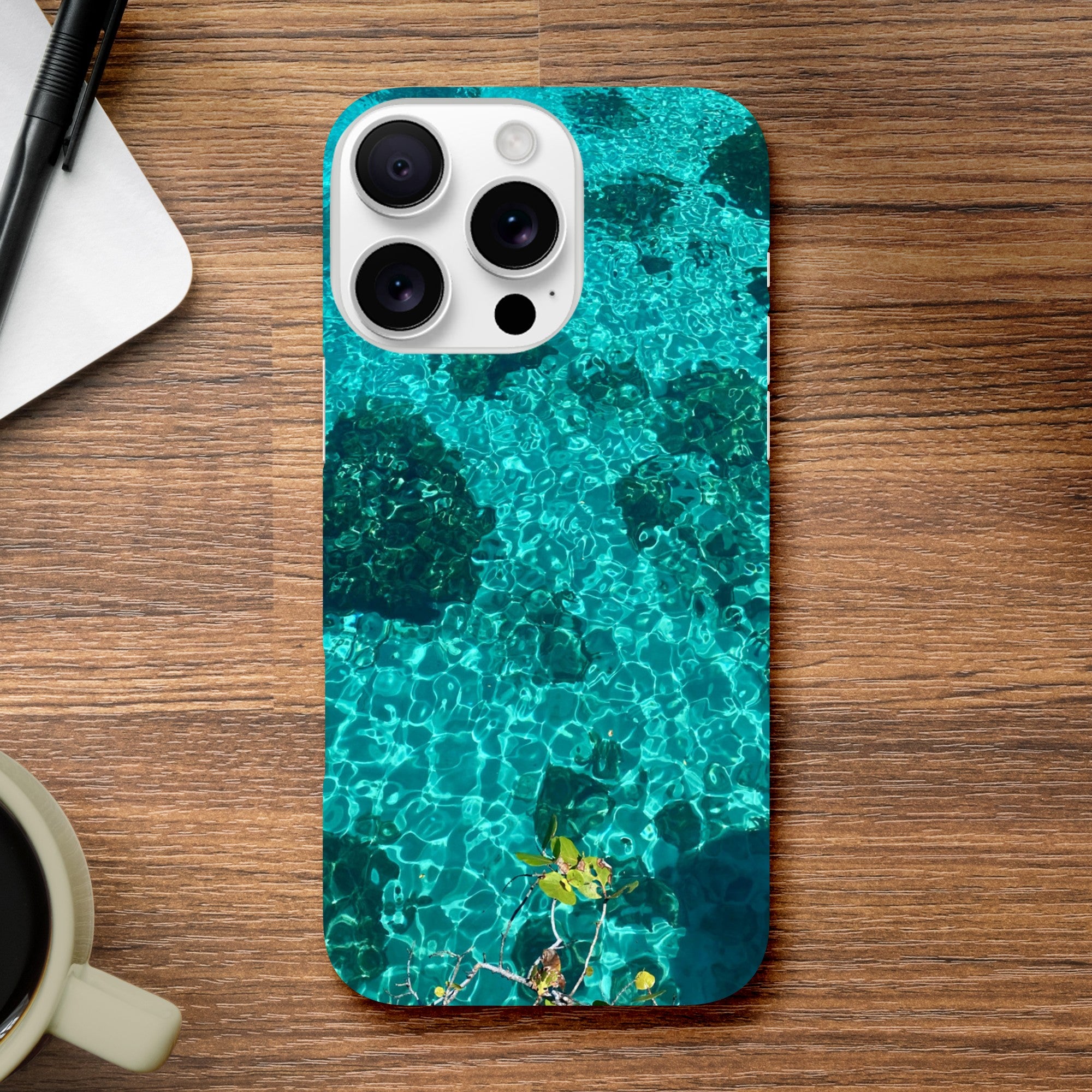 Blue slim iPhone cover with beach-themed artistic print, durable design, perfect gift for her, fits iPhone 16 Pro Max.