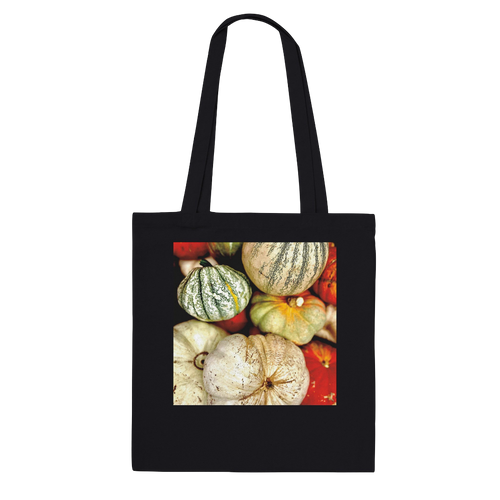 Autumn Harvest tote bag made of print material with rustic pumpkin and gourd farmhouse design, perfect for fall shopping and outings.