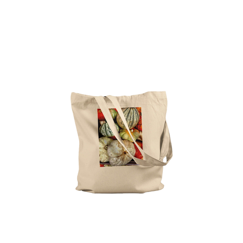 Rustic autumn harvest tote bag with pumpkin and gourd print, made from natural print material, farmhouse market style.