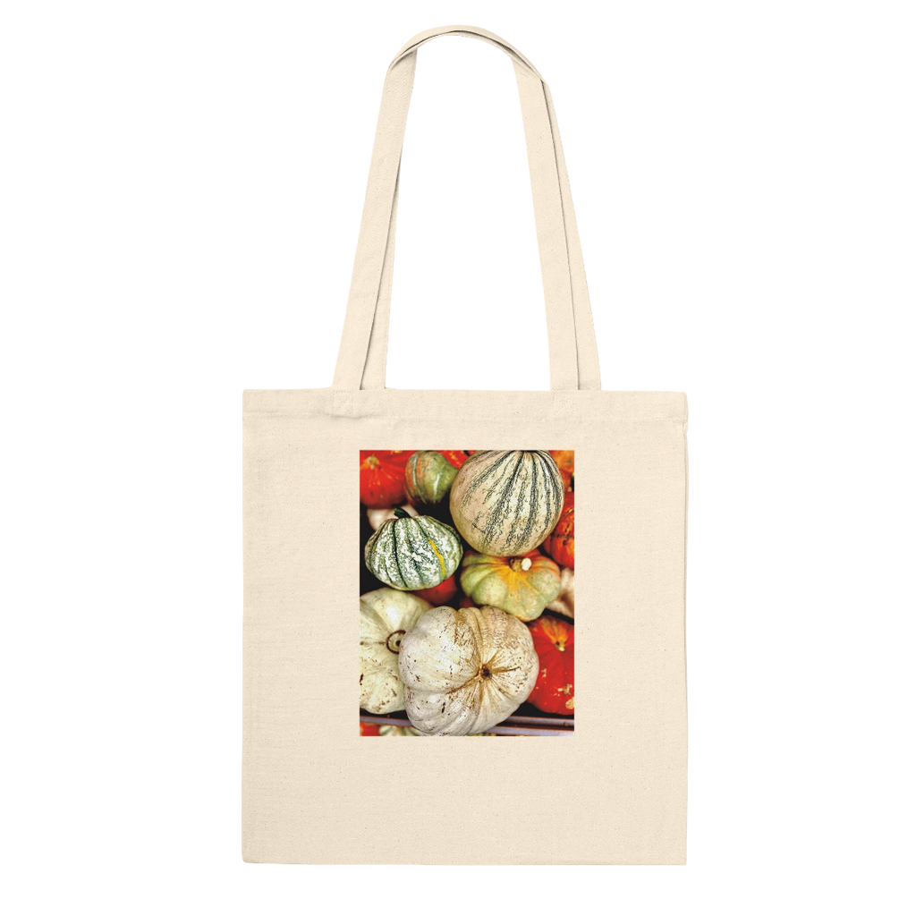 Autumn Harvest tote bag with rustic pumpkin and gourd print, made from natural print material, farmhouse market style.
