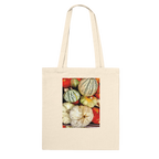 Autumn Harvest tote bag with rustic pumpkin and gourd print, made from natural print material, farmhouse market style.