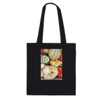Rustic autumn harvest tote bag with pumpkin and gourd print, made from natural print material, farmhouse market style.