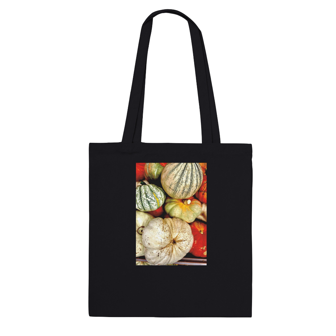 Rustic autumn harvest tote bag with pumpkin and gourd print, made from natural print material, farmhouse market style.