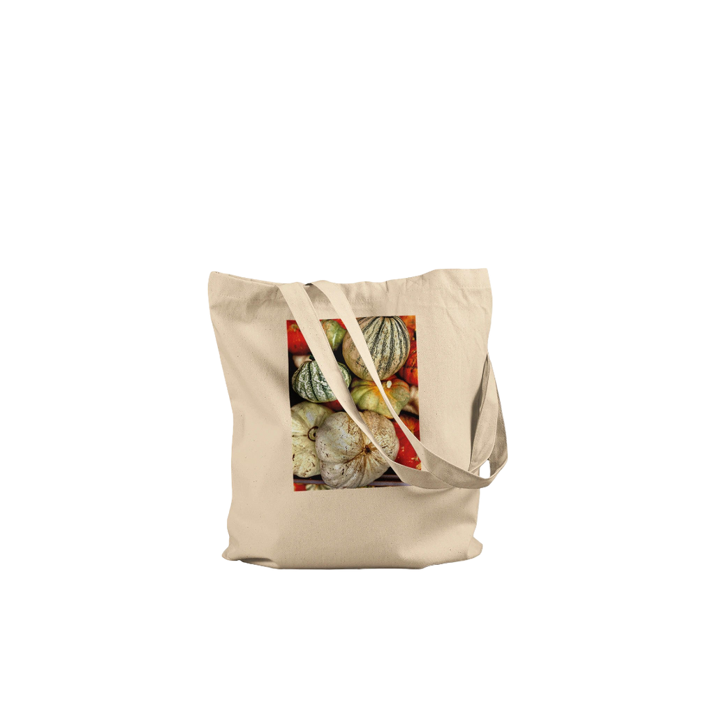 Autumn Harvest Tote Bag with rustic pumpkin and gourd print, made from natural print material, farmhouse market style.