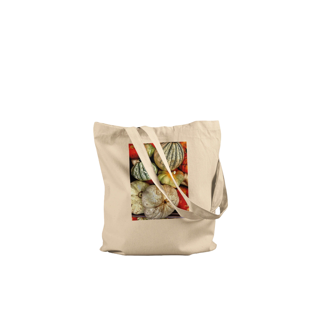 Autumn Harvest Tote Bag with rustic pumpkin and gourd print, made from natural print material, farmhouse market style.