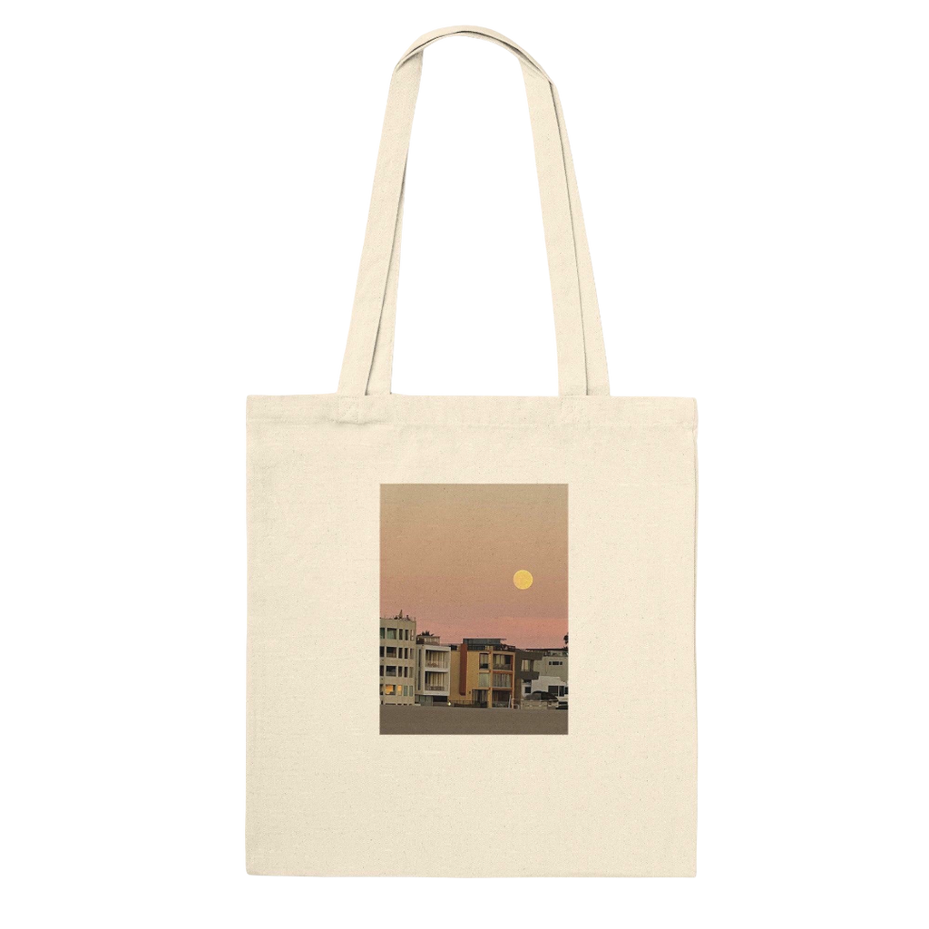 Cotton beach tote bag with colorful print featuring vegetables and harvest moon, eco-friendly shopping and beach bag by My Store.