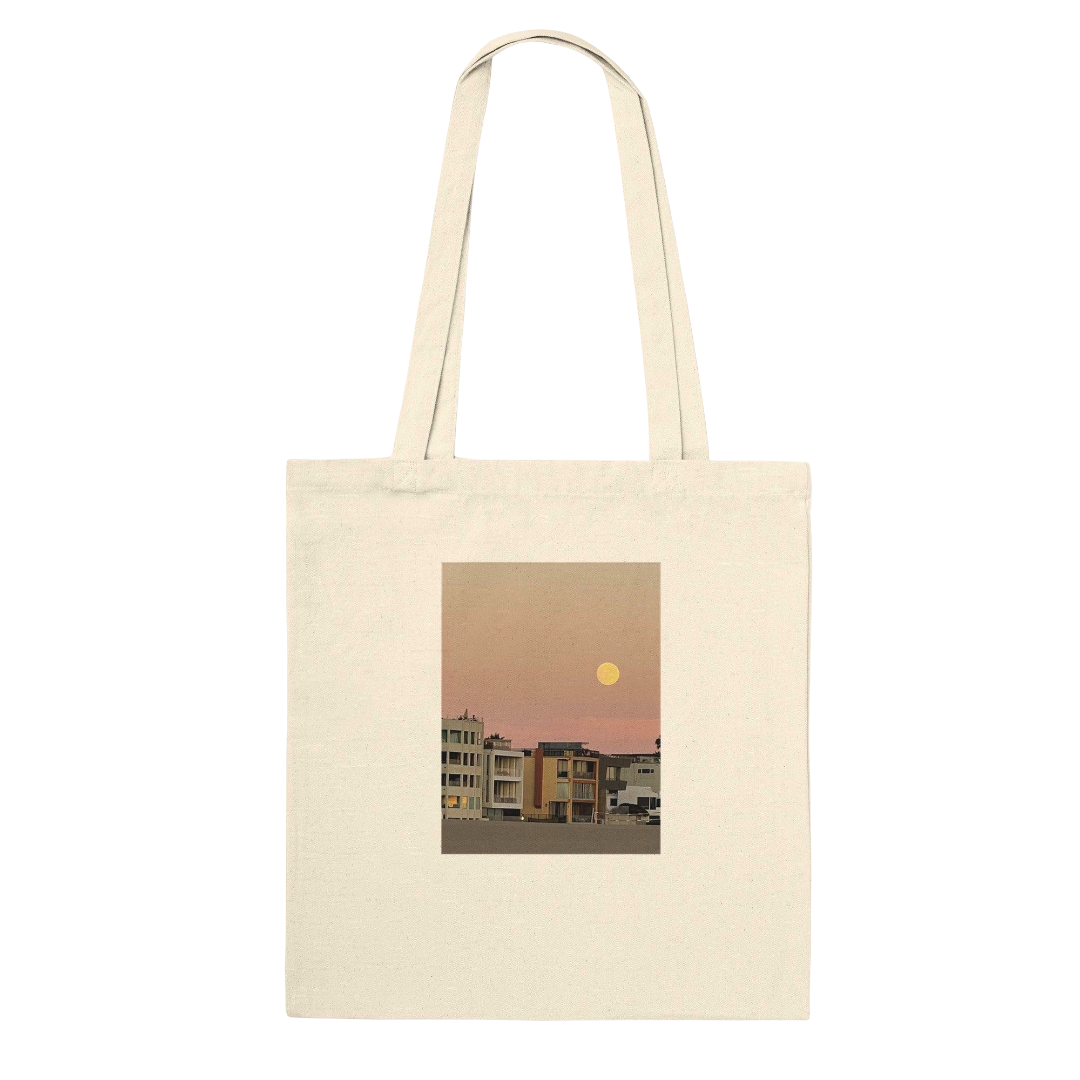 Cotton beach tote bag with colorful print featuring vegetables and harvest moon, eco-friendly shopping and beach bag by My Store.