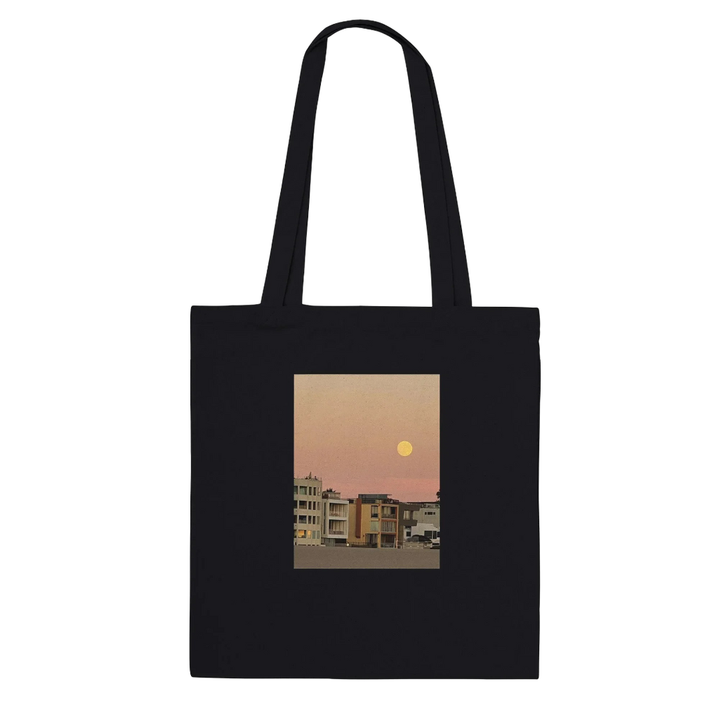 Cotton beach tote bag with full moon harvest print, eco-friendly shopping and vegetable tote bag, natural fiber, stylish and versatile.