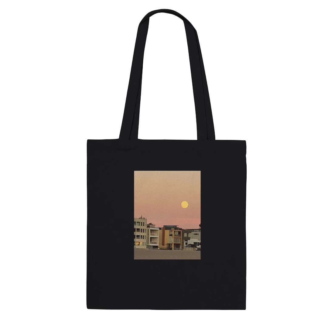 Cotton beach tote bag with full moon harvest print, eco-friendly shopping and vegetable tote bag, natural fiber, stylish and versatile.