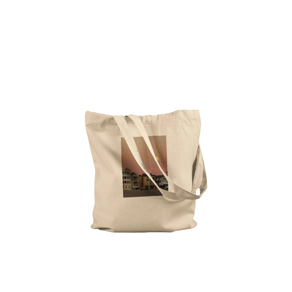 Cotton beach tote bag with harvest full moon print, eco-friendly shopping and vegetable tote bag, natural fiber material.