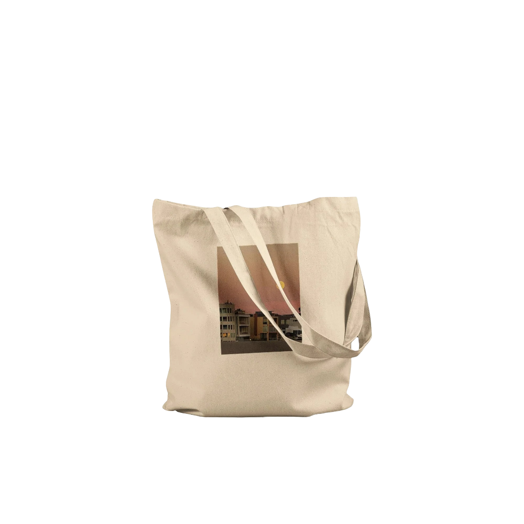 Cotton beach tote bag with harvest full moon print, eco-friendly shopping and vegetable tote bag, natural fiber material.