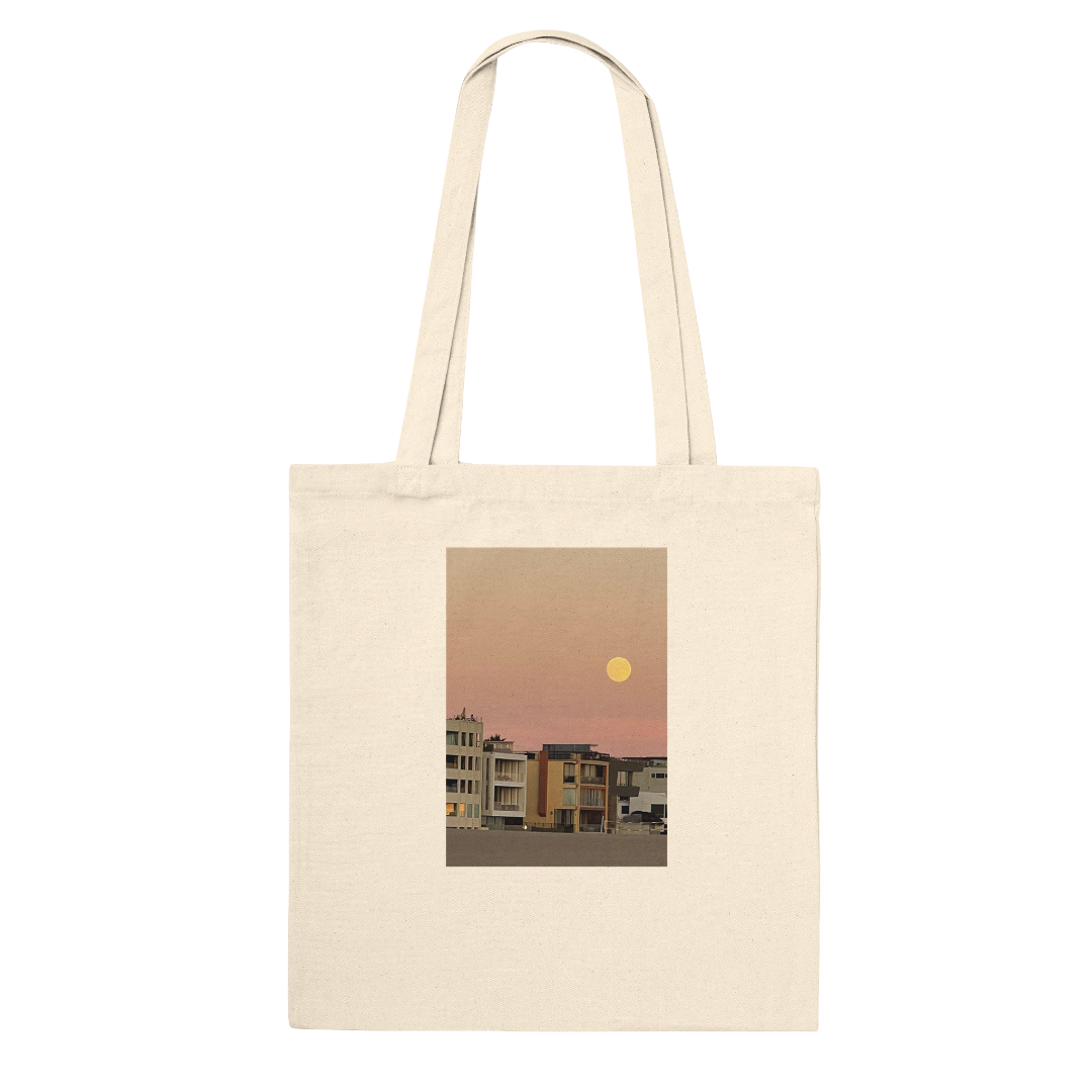 Cotton beach tote bag with harvest full moon and vegetable print, eco-friendly shopping and beach tote by My Store.