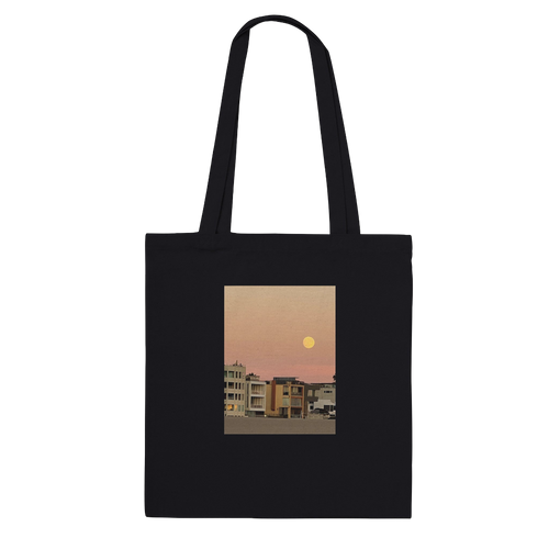 Eco-friendly cotton beach tote bag with a colorful harvest moon print, ideal for shopping and casual outings.
