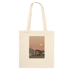 Cotton beach tote bag with colorful print featuring vegetable and harvest moon designs, eco-friendly shopping and beach bag.