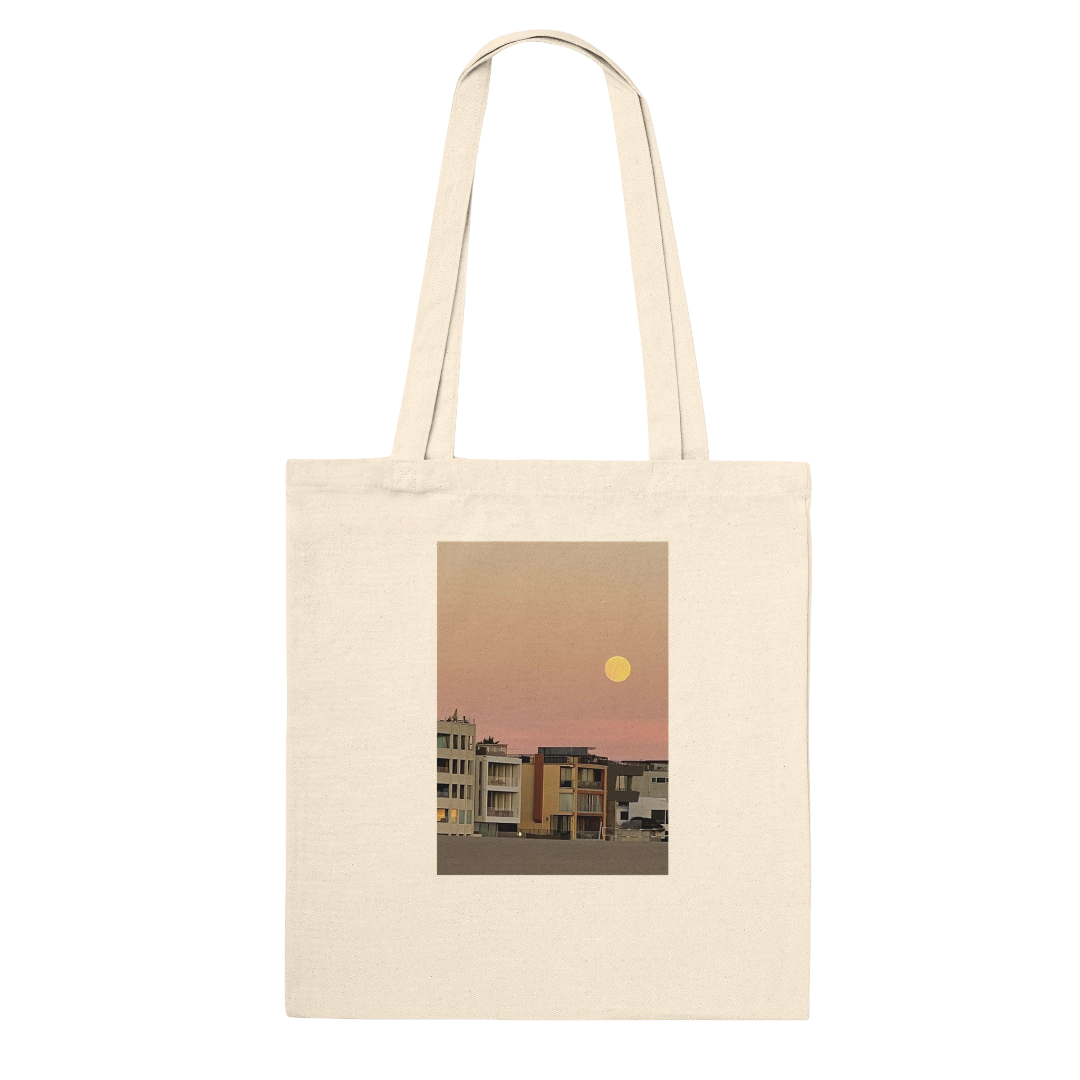 Cotton beach tote bag with colorful print featuring vegetable and harvest moon designs, eco-friendly shopping and beach bag.