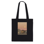 Cotton beach tote bag with a colorful harvest moon and vegetable print, eco-friendly design, perfect for shopping and beach trips.