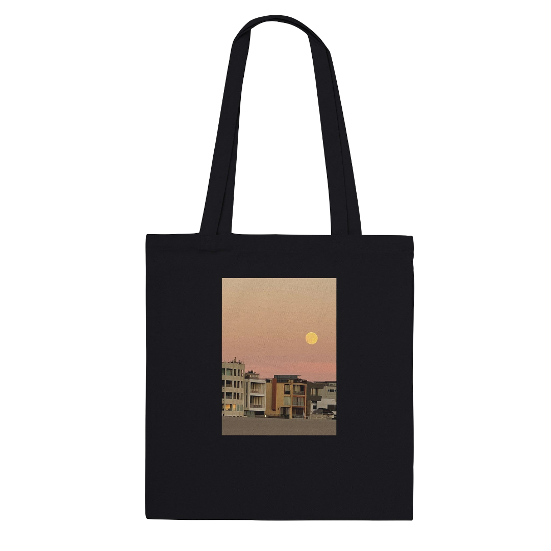Cotton beach tote bag with a colorful harvest moon and vegetable print, eco-friendly design, perfect for shopping and beach trips.