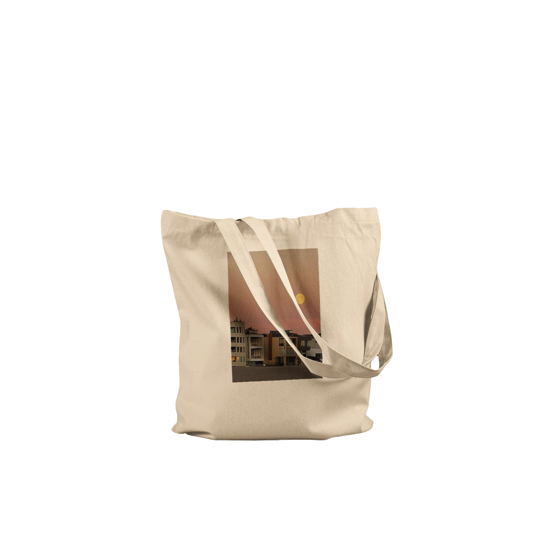 Cotton beach tote bag with print design featuring vegetables and a full moon, eco-friendly shopping and harvest tote by My Store.