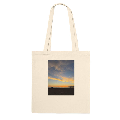 California Sunset Tote bag made of natural cotton with sunset print, reusable shopping tote perfect for summer and casual outings.