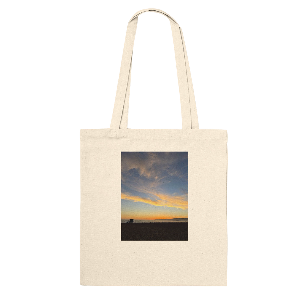 California Sunset Tote bag made of natural cotton with sunset print, reusable shopping tote perfect for summer outings.