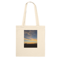 California Sunset Tote bag made of natural cotton with sunset print, reusable shopping tote perfect for summer outings.