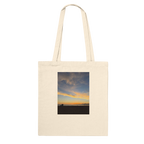 California Sunset Tote bag made of natural cotton with sunset print, reusable shopping tote perfect for summer outings.