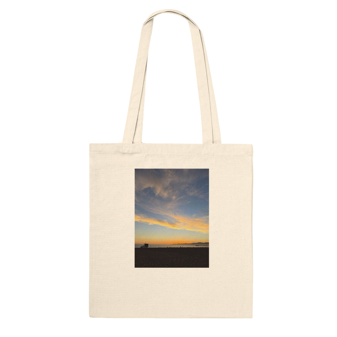 California Sunset Tote bag made of natural cotton with sunset print, reusable shopping tote perfect for summer outings.
