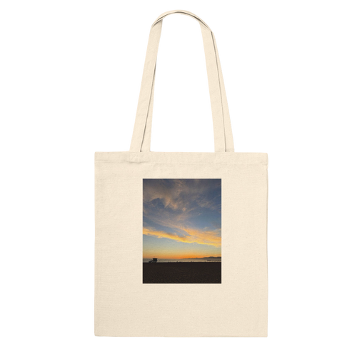 California Sunset Tote bag made of natural cotton with sunset print, reusable shopping tote perfect for summer outings.