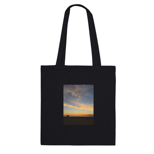 California Sunset tote bag made of natural cotton with sunset print, reusable shopping tote perfect for summer shopping and casual outings.