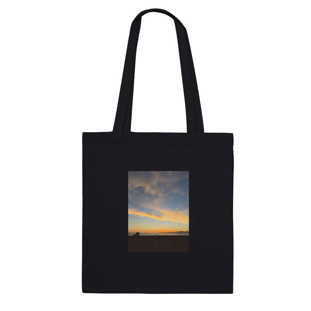 California Sunset Tote bag made of natural cotton with sunset print, reusable shopping tote, perfect for summer shopping.