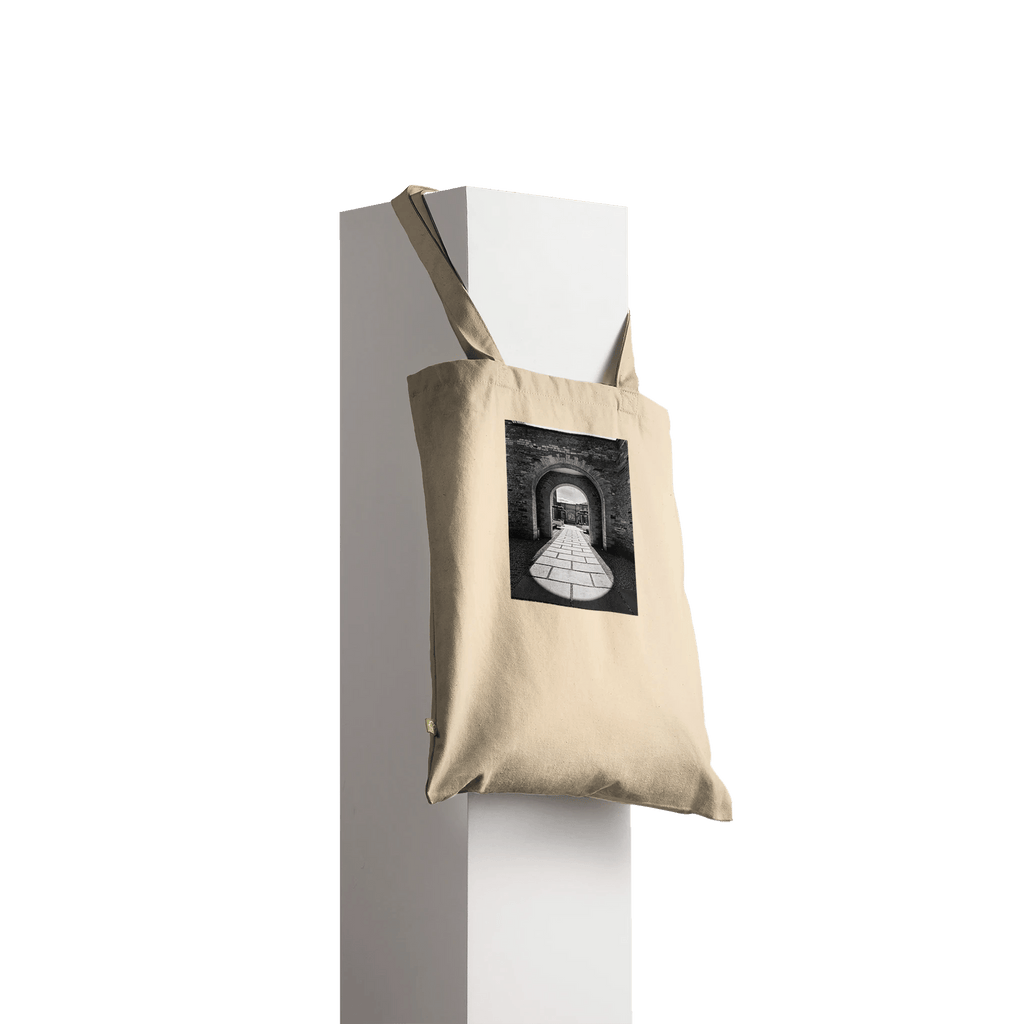Cotswolds Estate Summer Light Arches tote bag made from eco-friendly cotton with a printed natural landscape design.