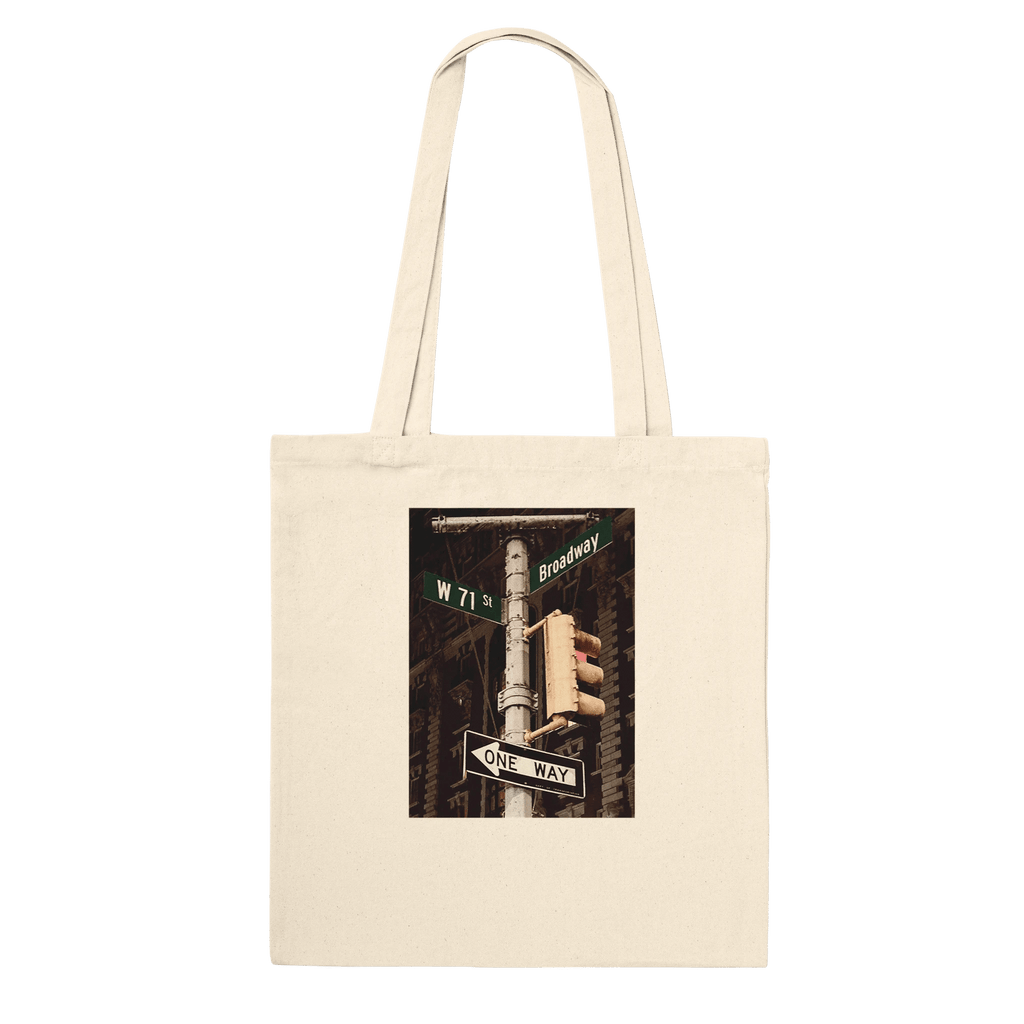 Eco-friendly NYC Intersections Series tote bag made of 100% cotton with iconic urban design, featuring natural print material.