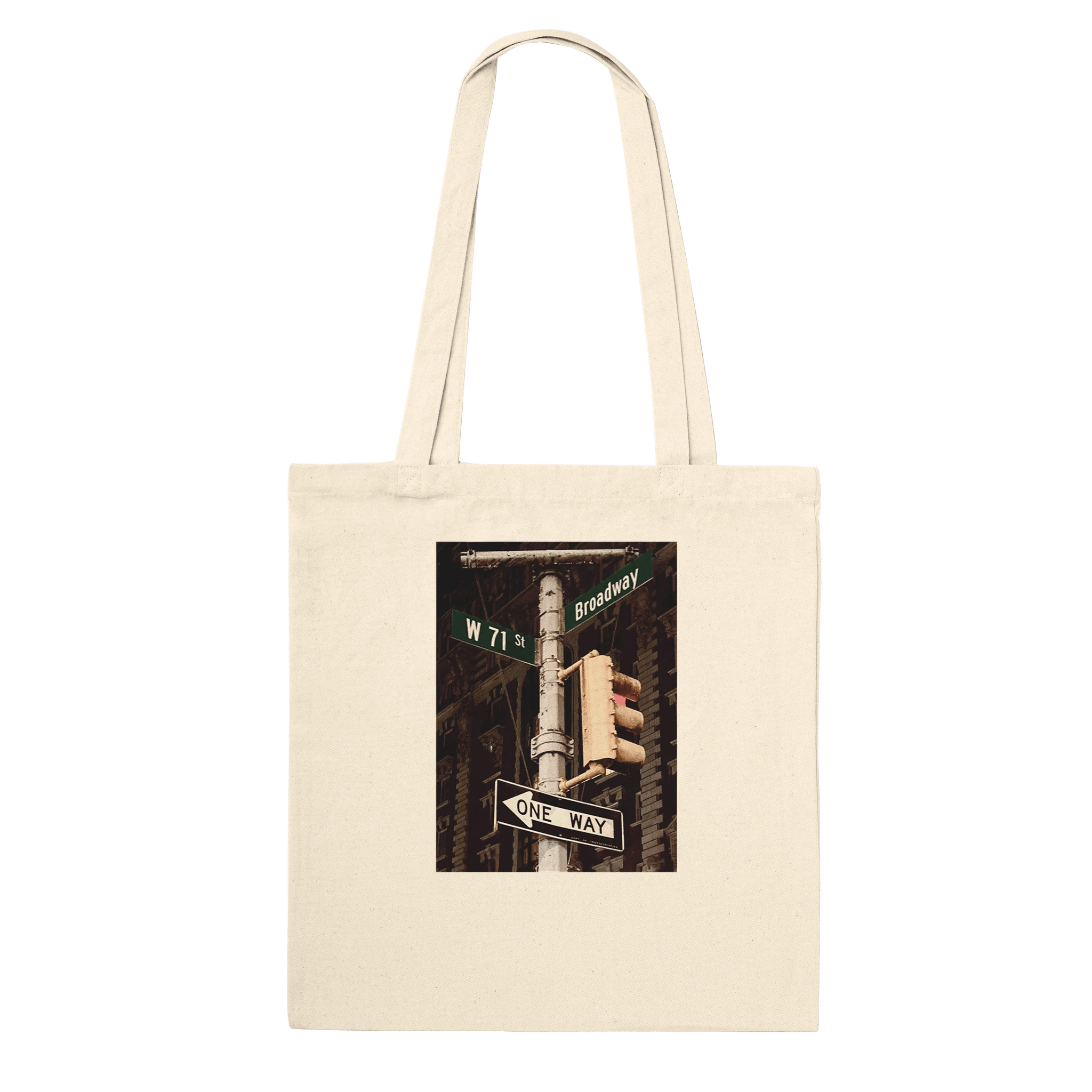 Eco-friendly NYC Intersections Series tote bag made of 100% cotton with iconic urban design, featuring natural print material.