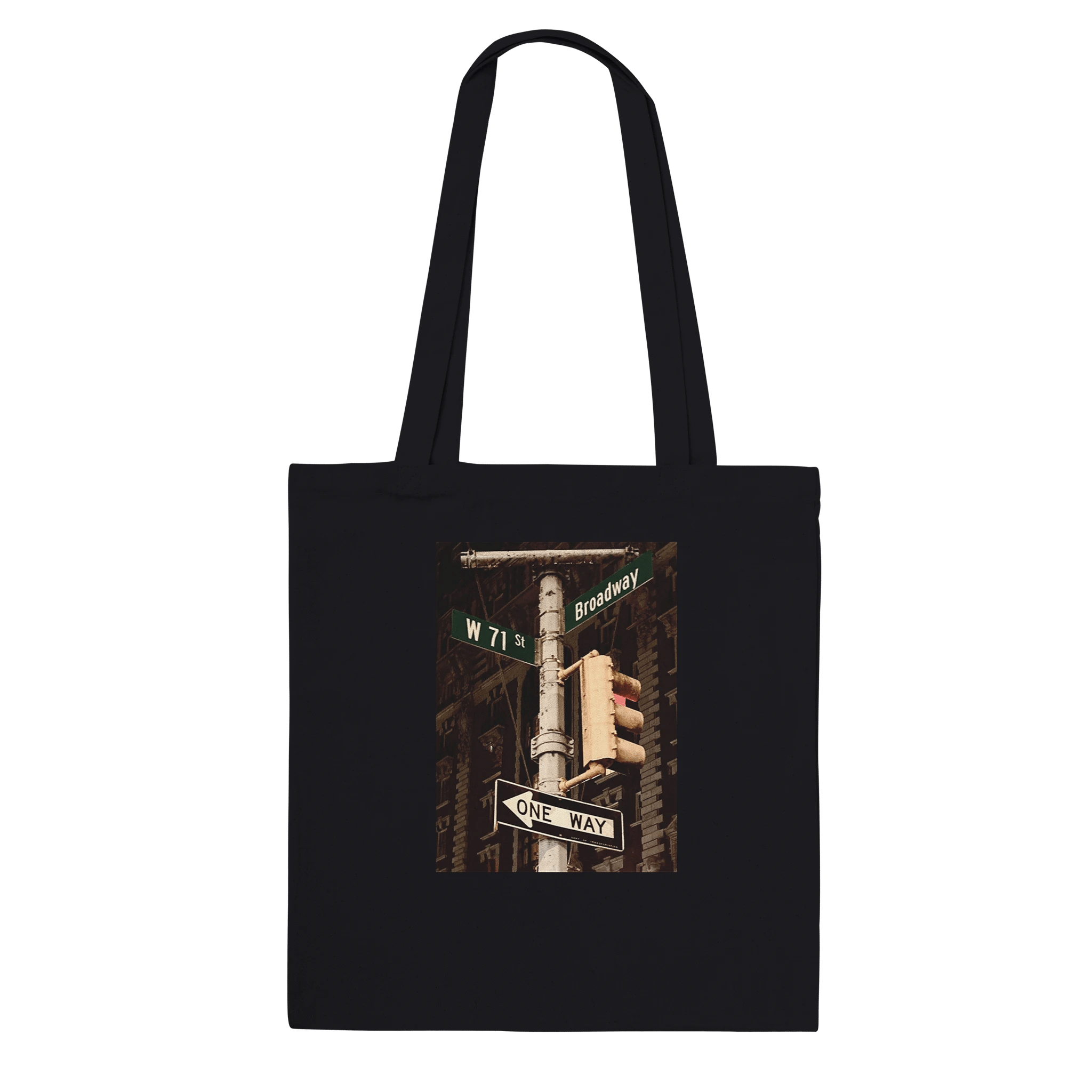 Eco-friendly NYC Intersections Series tote bag made of 100% cotton with iconic cityscape print, showcasing urban design and natural material.