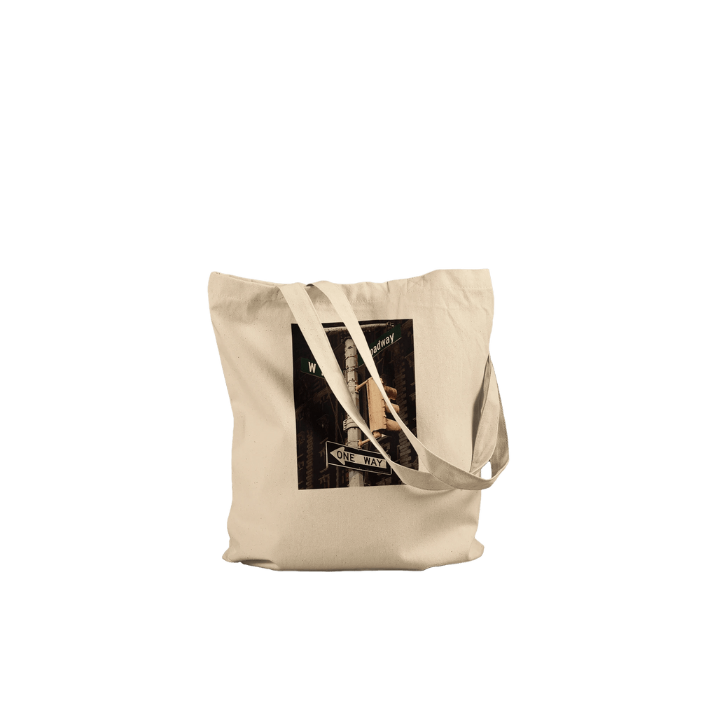 Eco-friendly NYC Intersections Series tote bag made of 100% cotton, featuring a natural print design with iconic city street scenes.