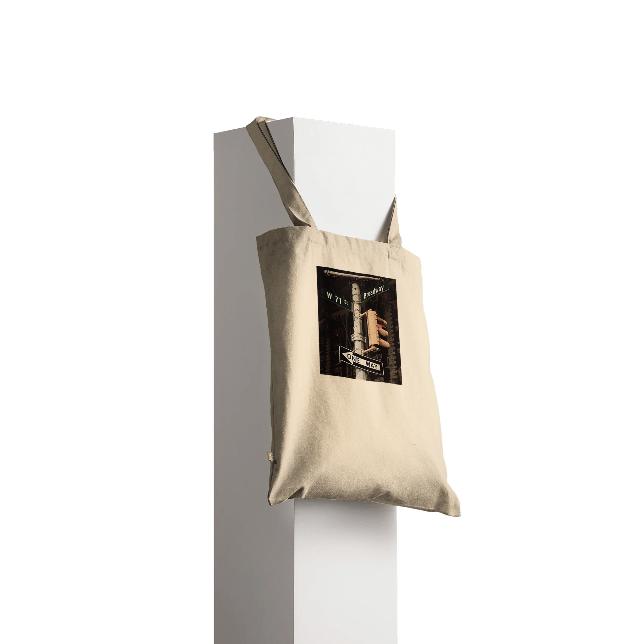 Eco-friendly NYC Intersections tote bag with iconic print on 100% cotton, showcasing a stylish urban design.