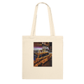 Eco-friendly cotton tote bag featuring a NYC taxi cab holiday magic print, perfect for carrying essentials in style.