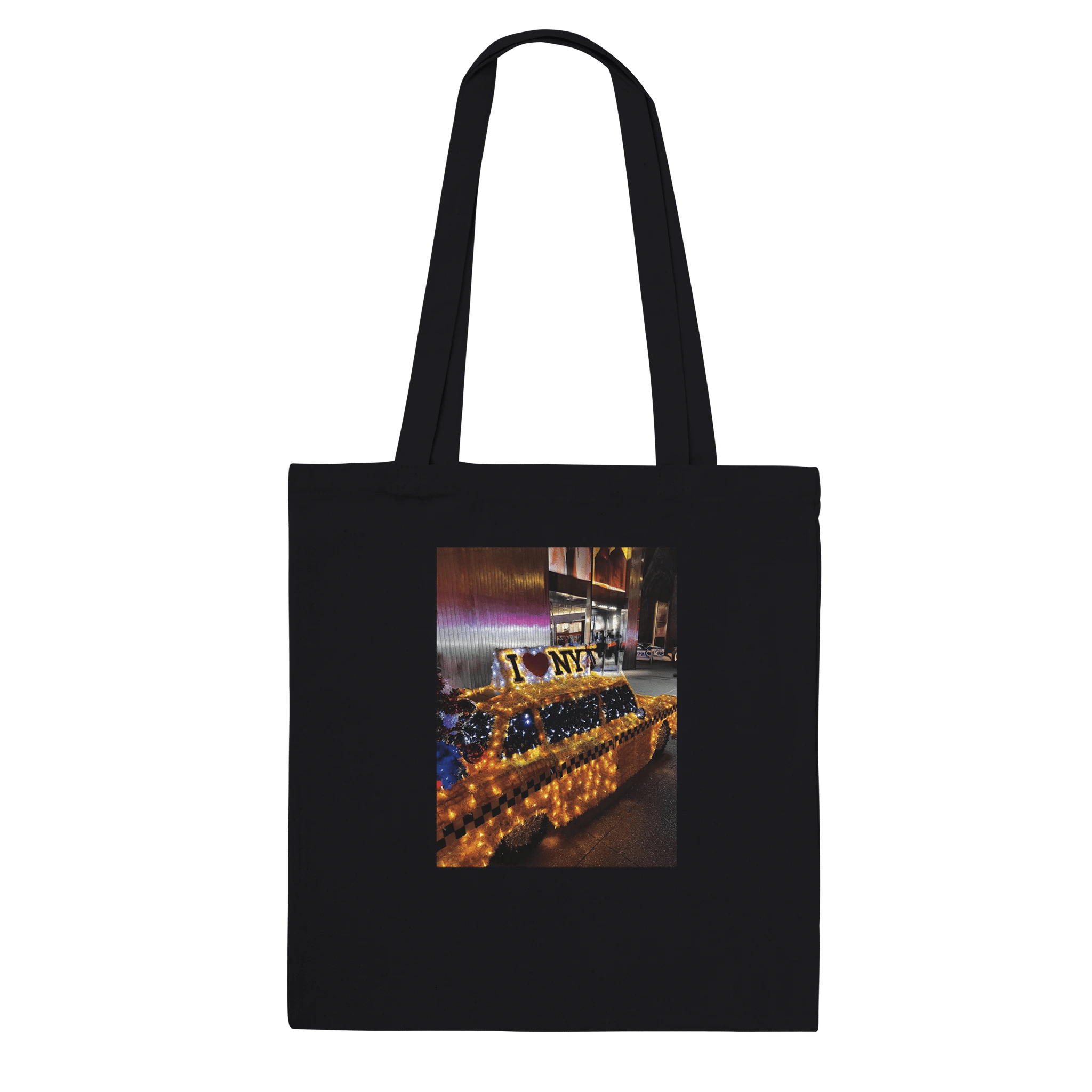 NYC Taxi Cab Holiday Magic premium tote bag made of eco-friendly cotton with colorful NYC taxi print, stylish and reusable.