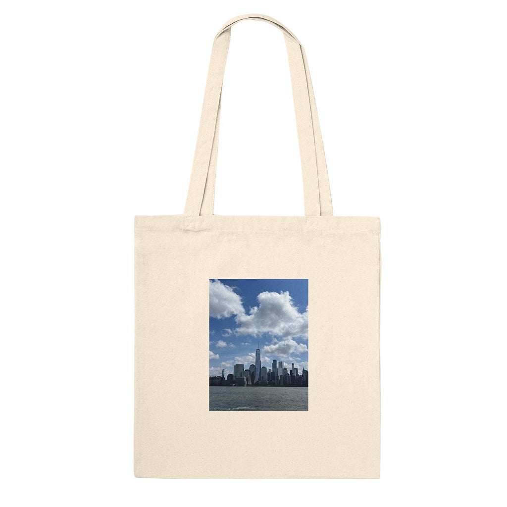 Natural NYC tote bag with downtown skyline print, stylish shopping tote made of durable material, perfect gift for mom.