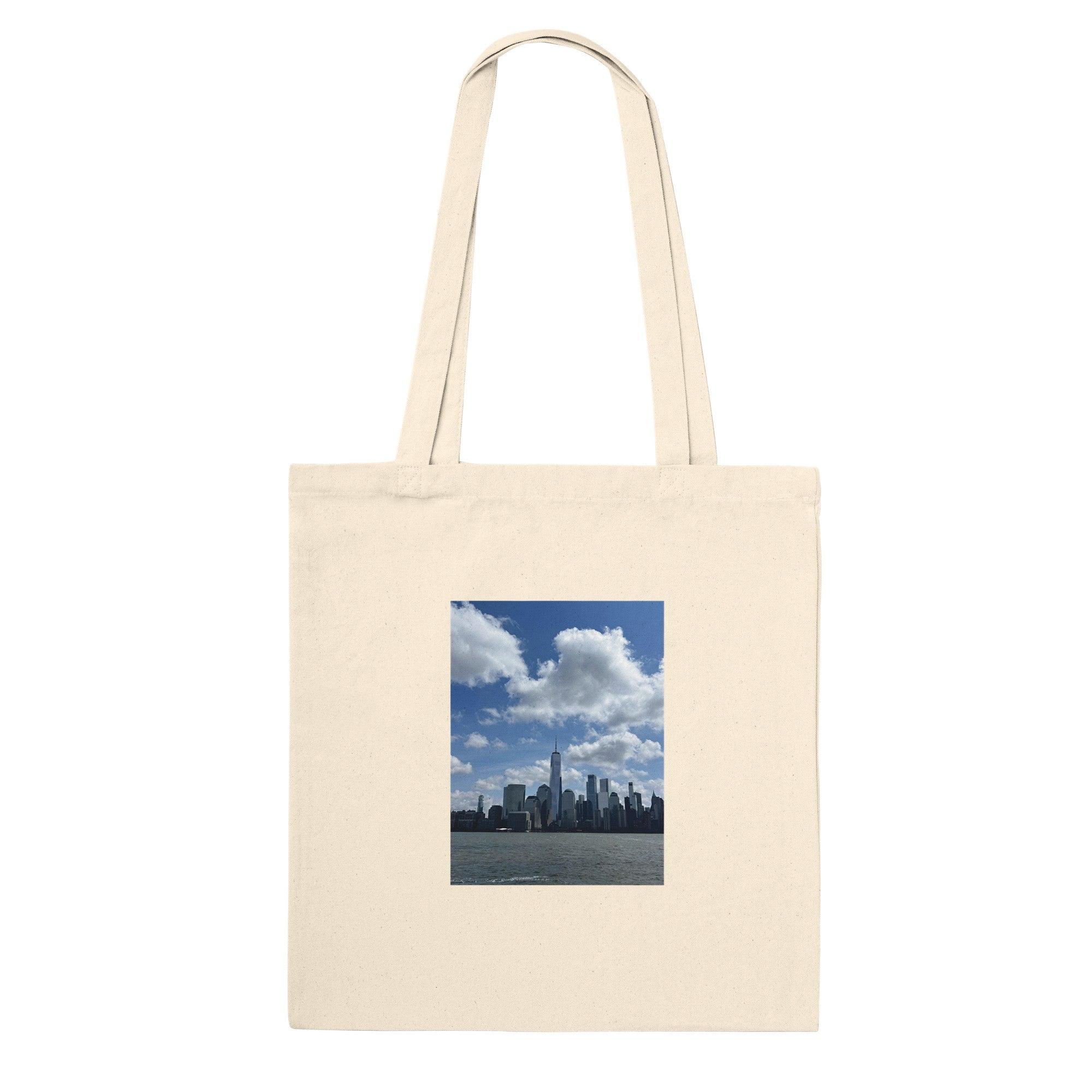 Natural NYC tote bag with downtown skyline print, stylish shopping tote made of durable material, perfect gift for mom.