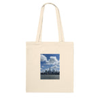 NYC tote bag with downtown skyline print, stylish and aesthetic shopping tote bag made from high-quality print material, perfect gift for mom