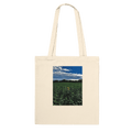 Stylish sunflower field print on eco-friendly tote bag made of premium material, featuring natural floral design.