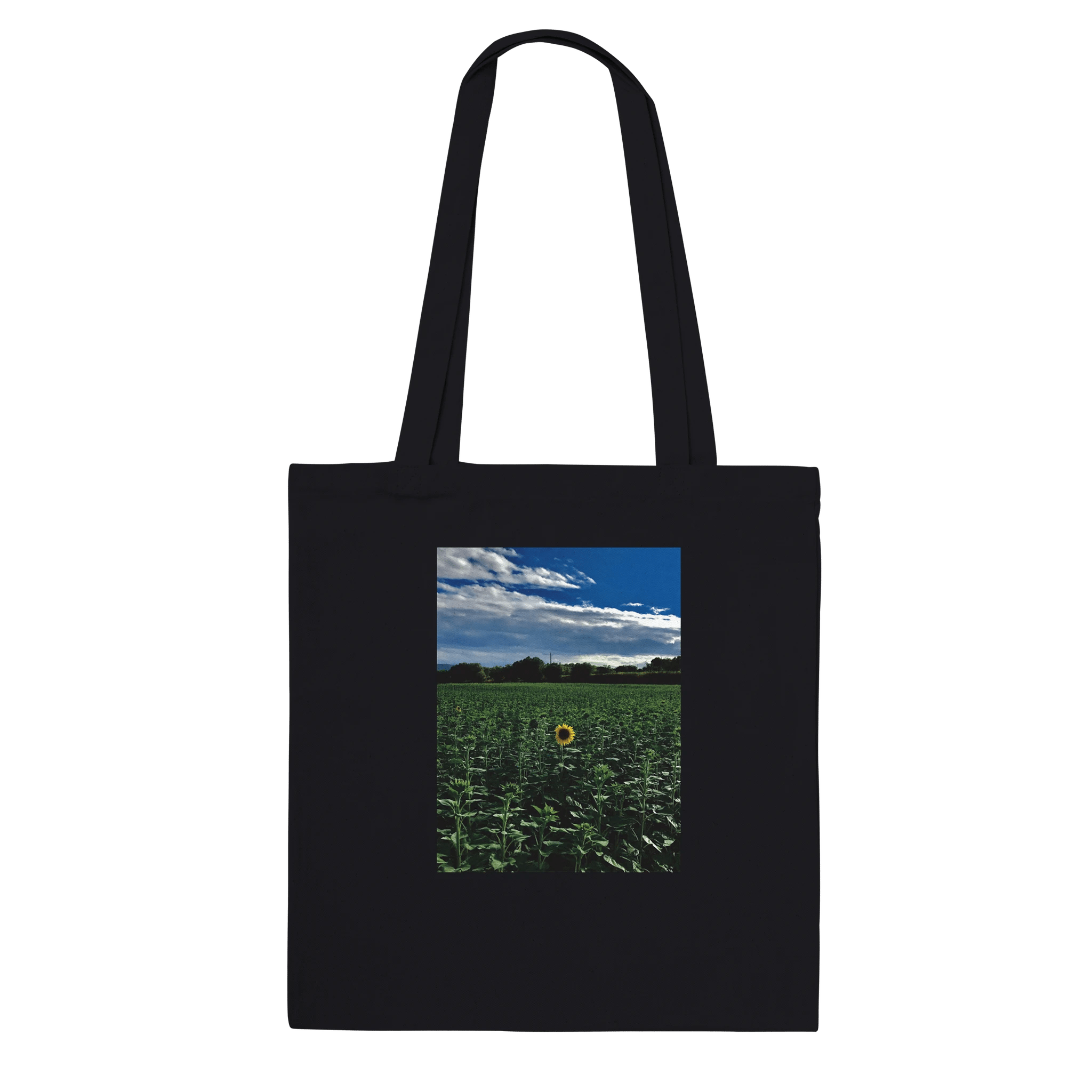 Stylish sunflower field print on eco-friendly tote bag, made from durable tote material, featuring a natural floral design.