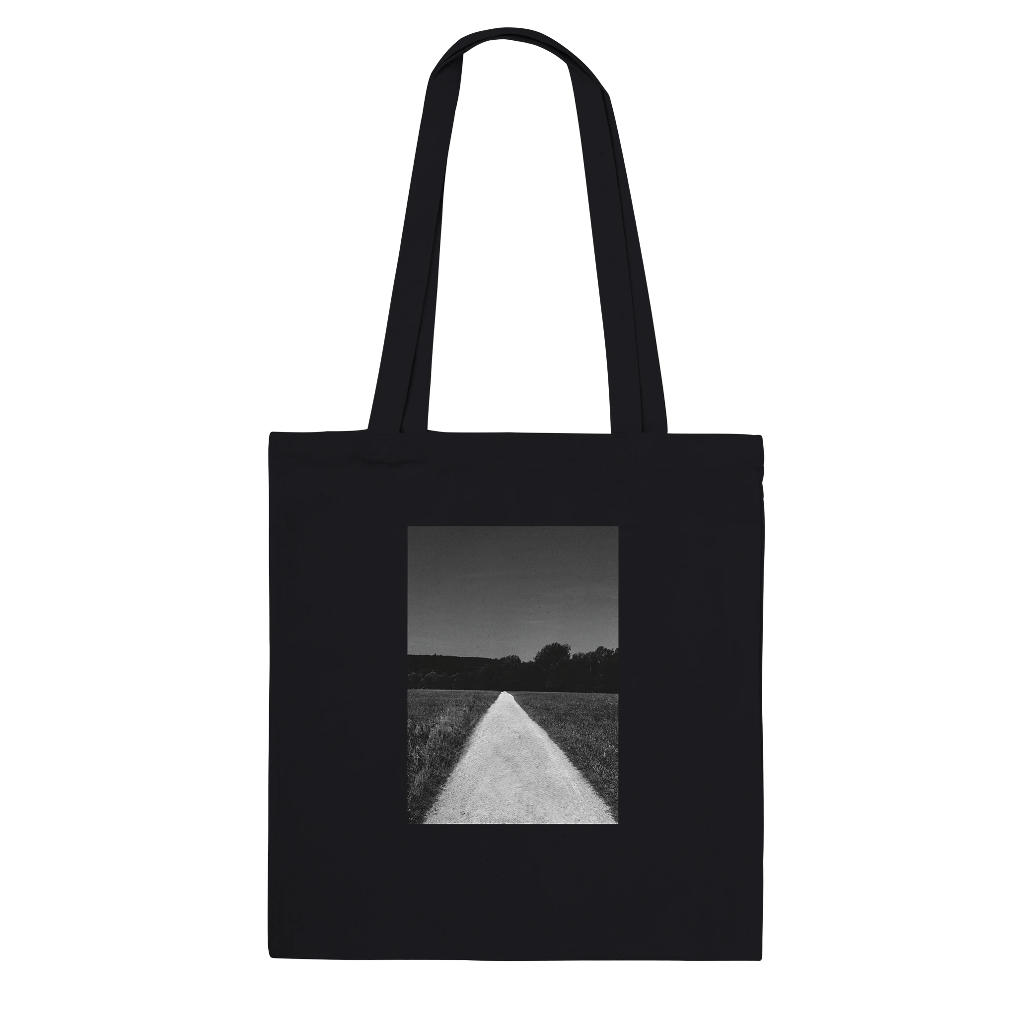 Eco-friendly 100% cotton tote bag with a natural summer road in the fields print, showcasing timeless chic design.