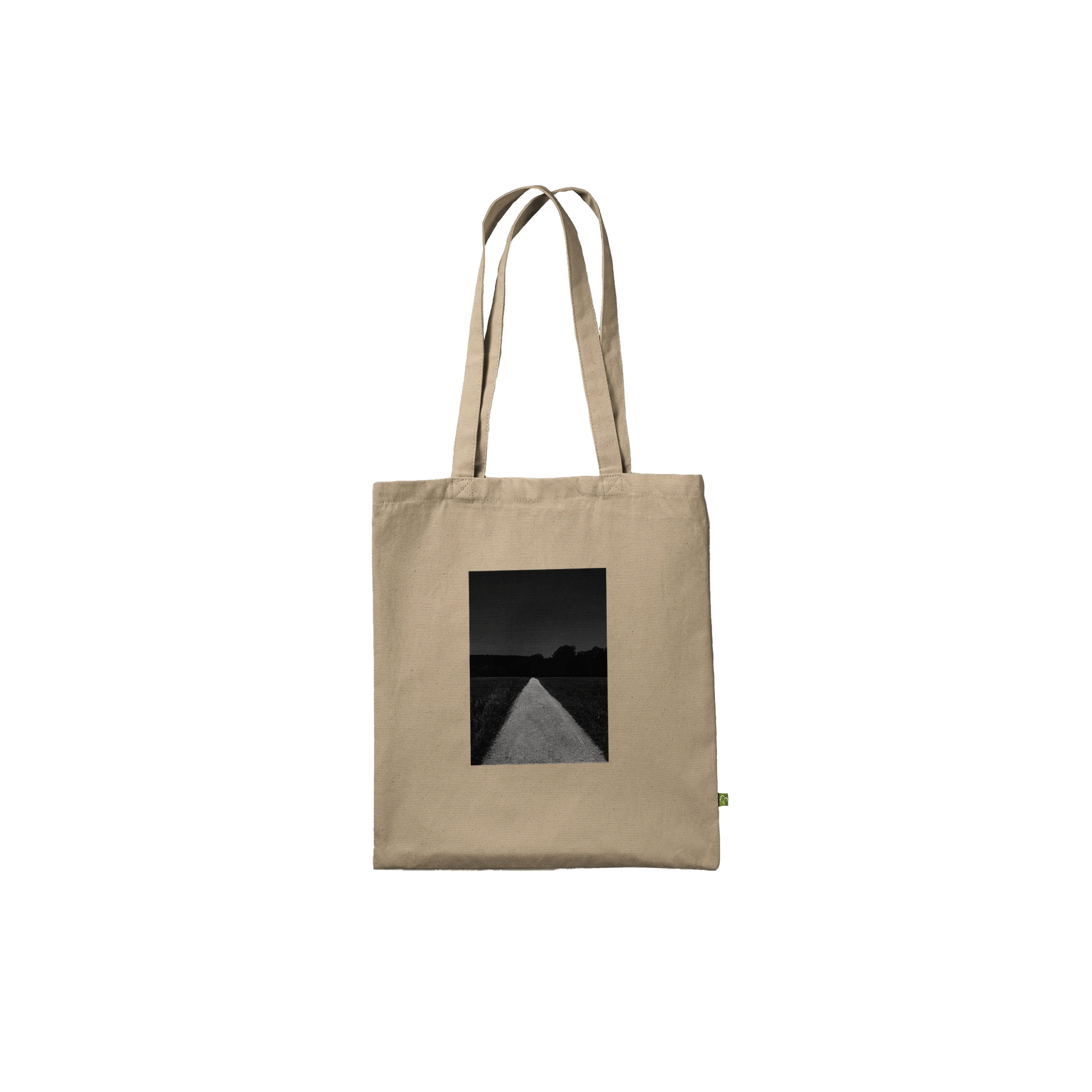 Eco-friendly cotton tote bag featuring a summer road in the fields print, showcasing a timeless chic design.