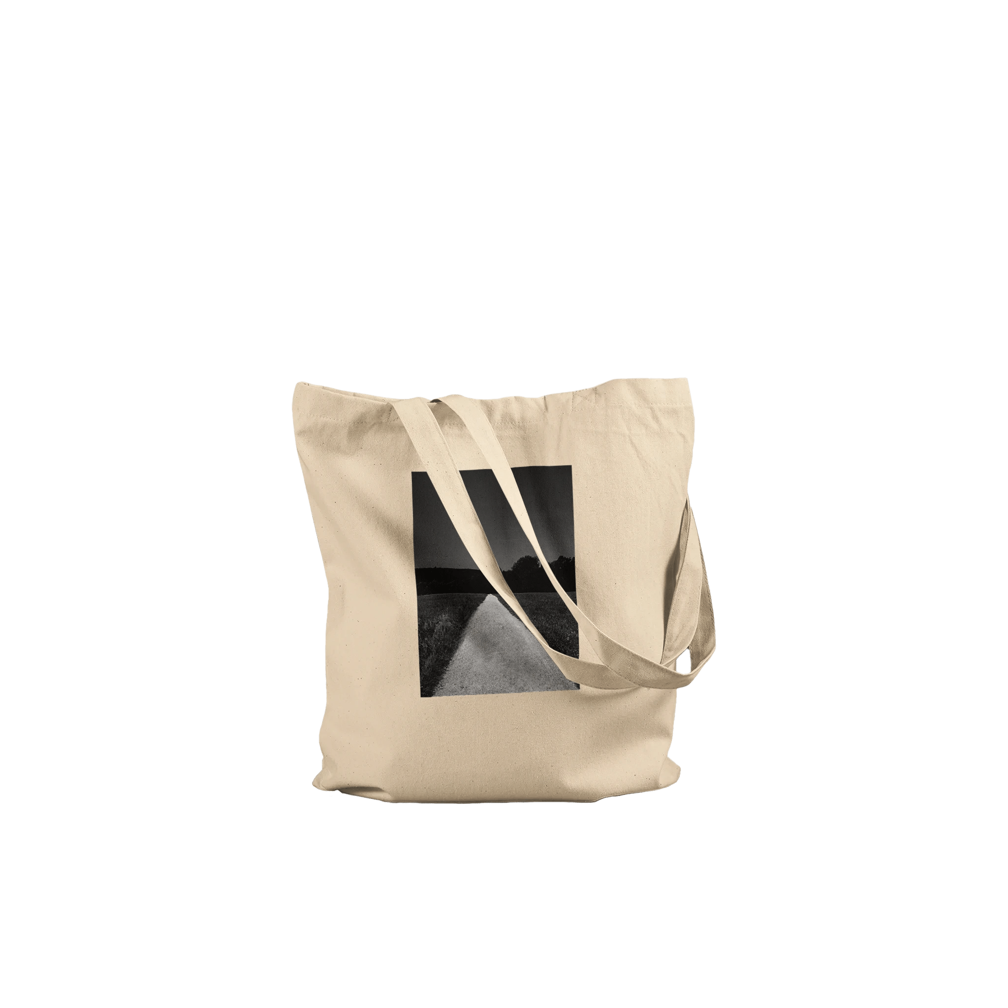 Eco-friendly 100% cotton tote bag featuring a summer road in the fields print, showcasing a timeless chic design.